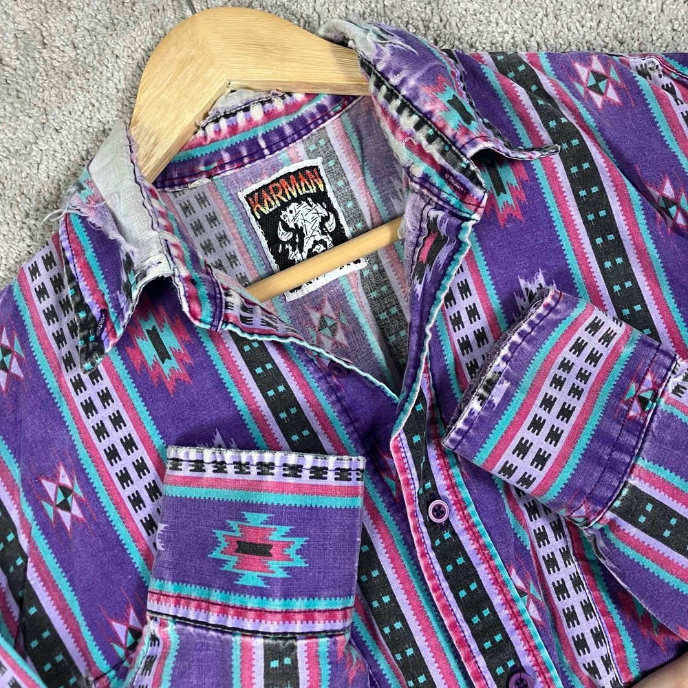 Vintage Western Shirt Mens XL Purple Aztec Navajo Print Long Sleeve 80s 90s